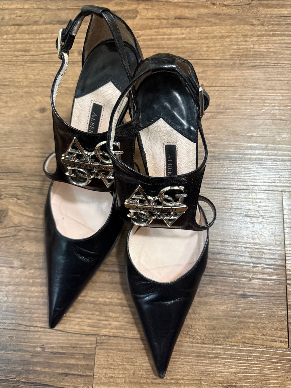 Alberto Gatti Genuine Leather Black Pointed Toe with Silver Logo Plaque